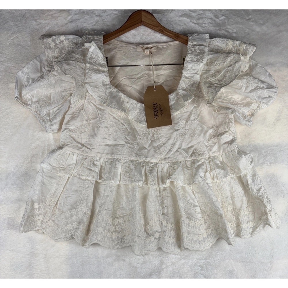 Listicle Oversized Babydoll‎ Womens L Floral Embroidered Ivory Boho Beachy Puff